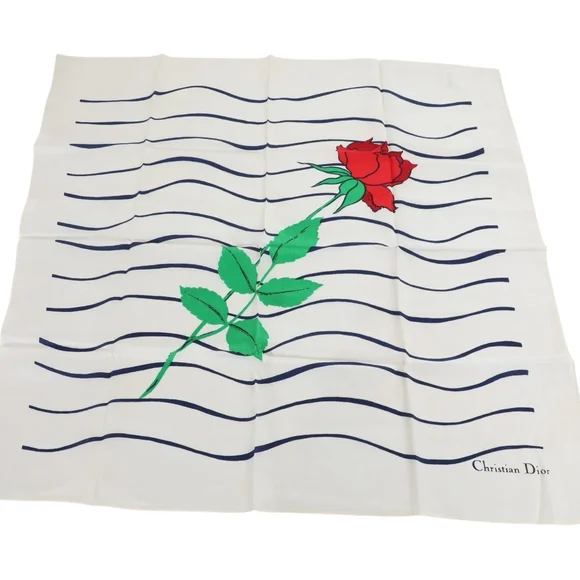 Christian Dior Vintage Striped Rose Silk Scarf Size 21” White Blue Red - Picture 9 of 9
